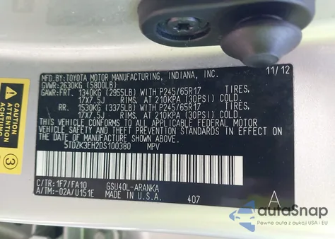 2013 Toyota Highlander Base Plus V6 z USA, uszkodzony, nr VIN 5TDZK3EH2DS100380